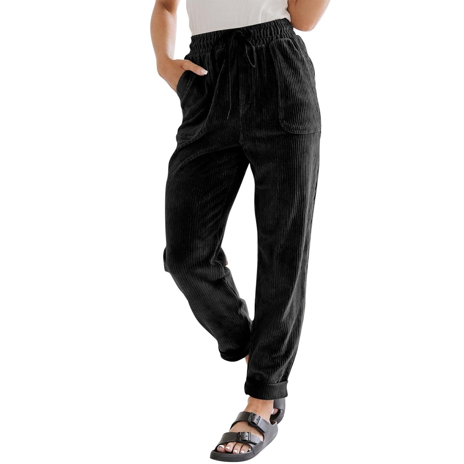 thumbnail image 2 of Pantalones de pana elásticos de cintura alta para mujer: pierna recta y ancha, diseño con bolsillos, pantalones de trabajo informales para otoño/invierno, 2 of 7